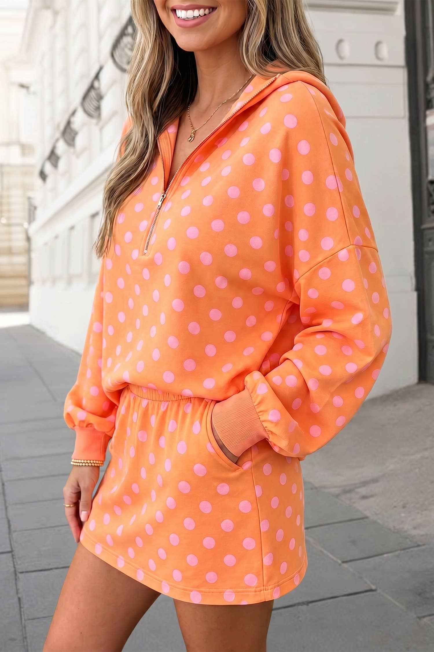 Aapparella - Lovely Polka Dots Print Zip Front  hooded Skort Set | S-XL