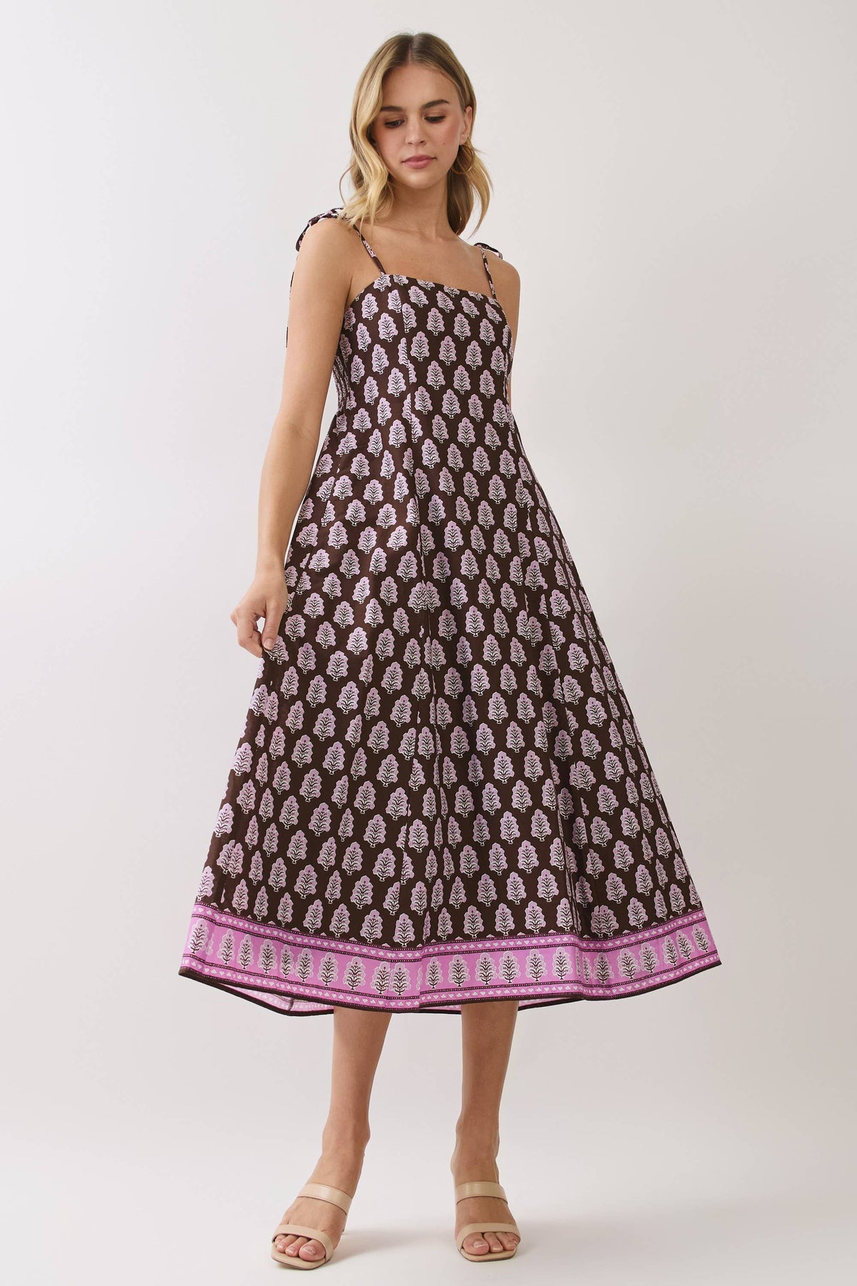 TCEC - CD07316-Border Print Tie-Shoulder Midi Dress