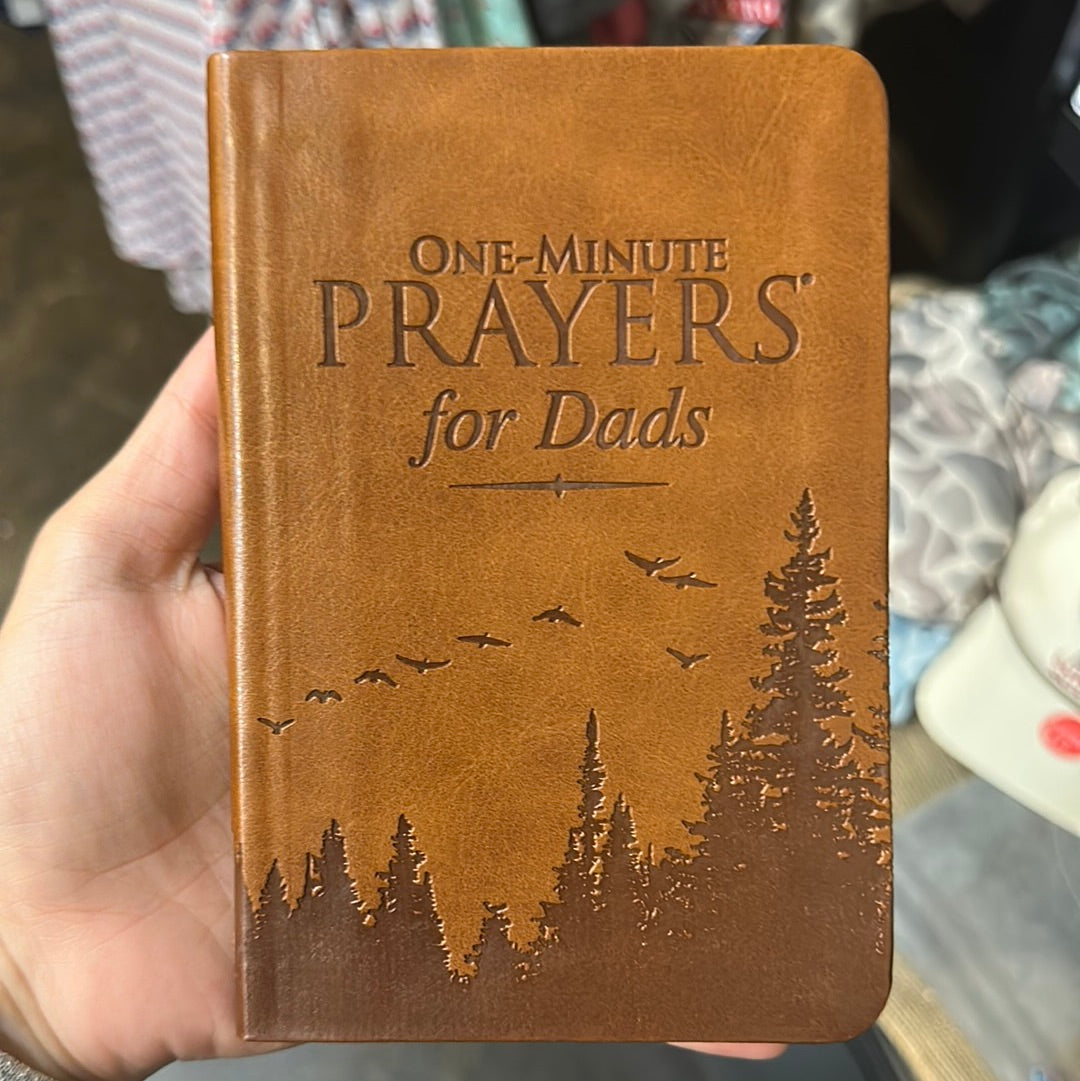 Brown book with forest titling "One-minute Prayers for Dads".
