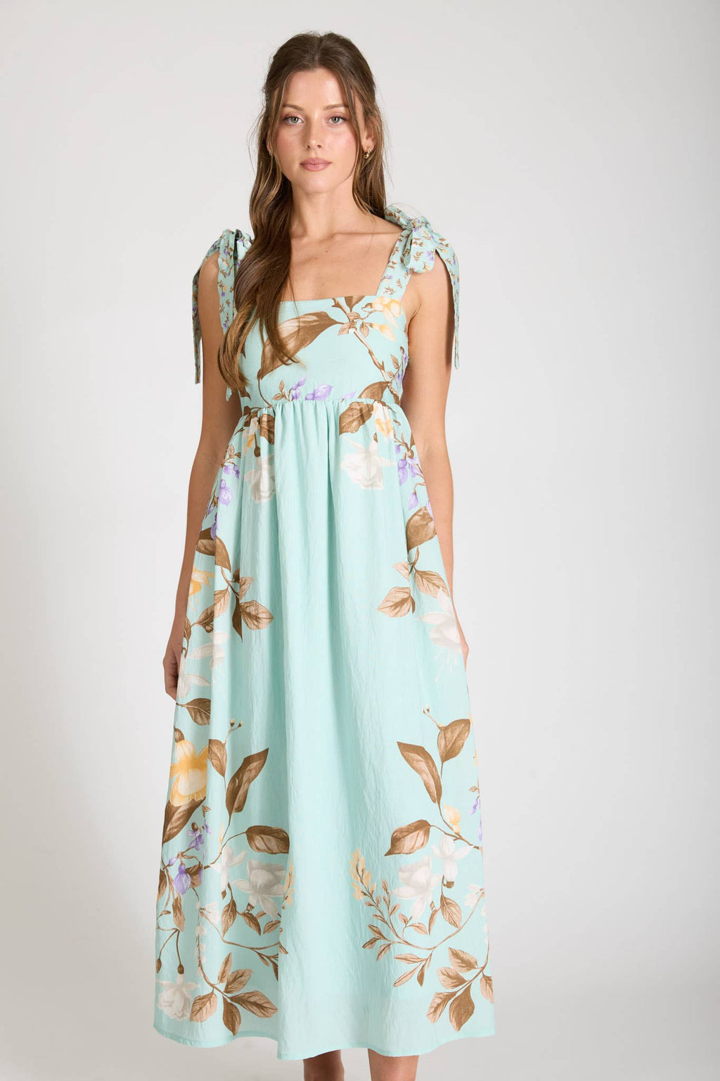 FLORAL TIE STRAP DETAIL EMPIRE WAIST MIDI DRESS