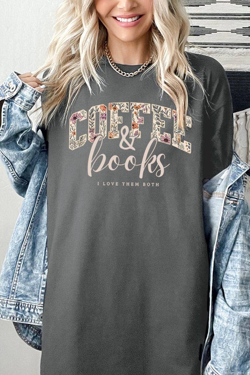 COLORBEAR - Coffee & Books Floral Graphic Heavy Cotton Tee