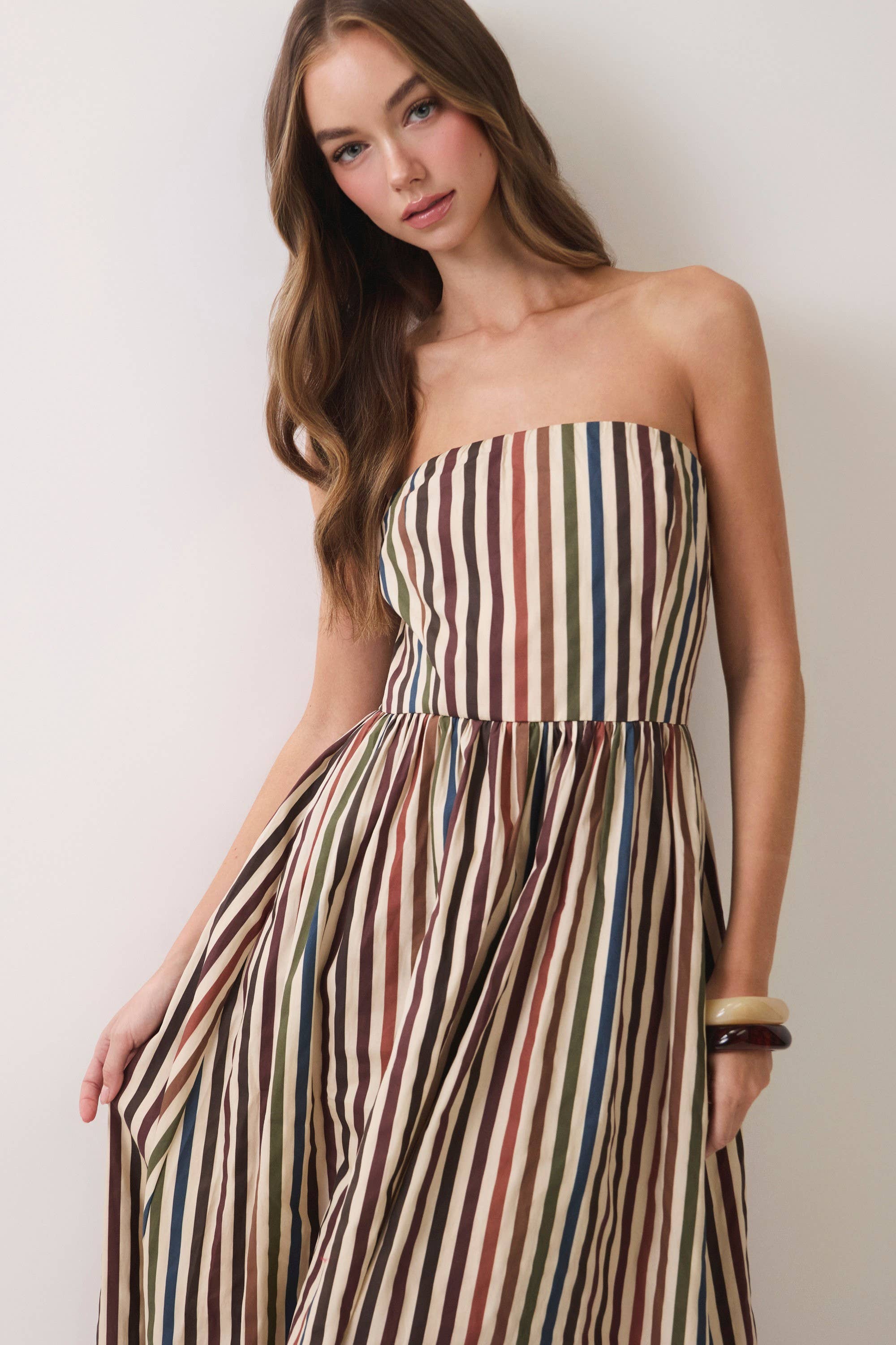 TCEC - CD07506-Multi Stripe Strapless Maxi Dress
