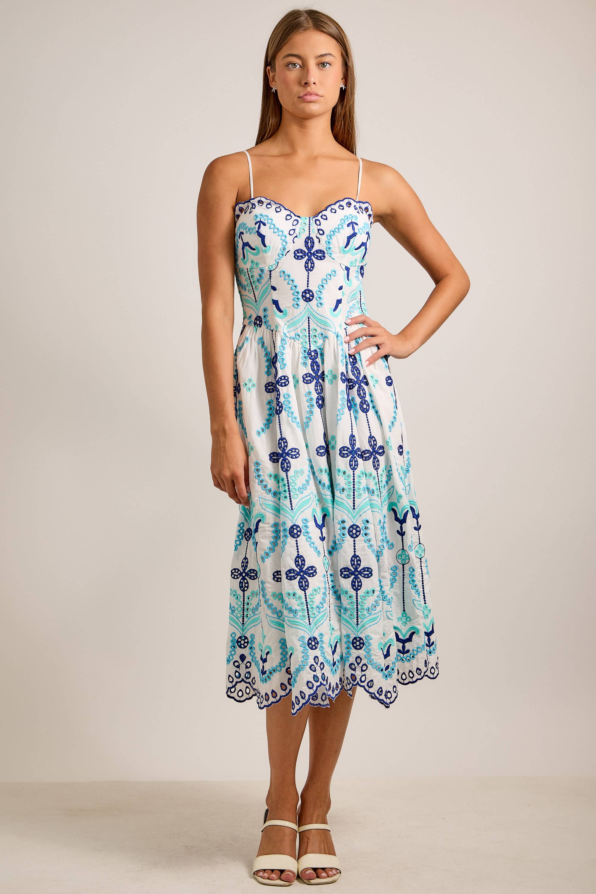 Embroidered Fit-and-Flare Midi Dress