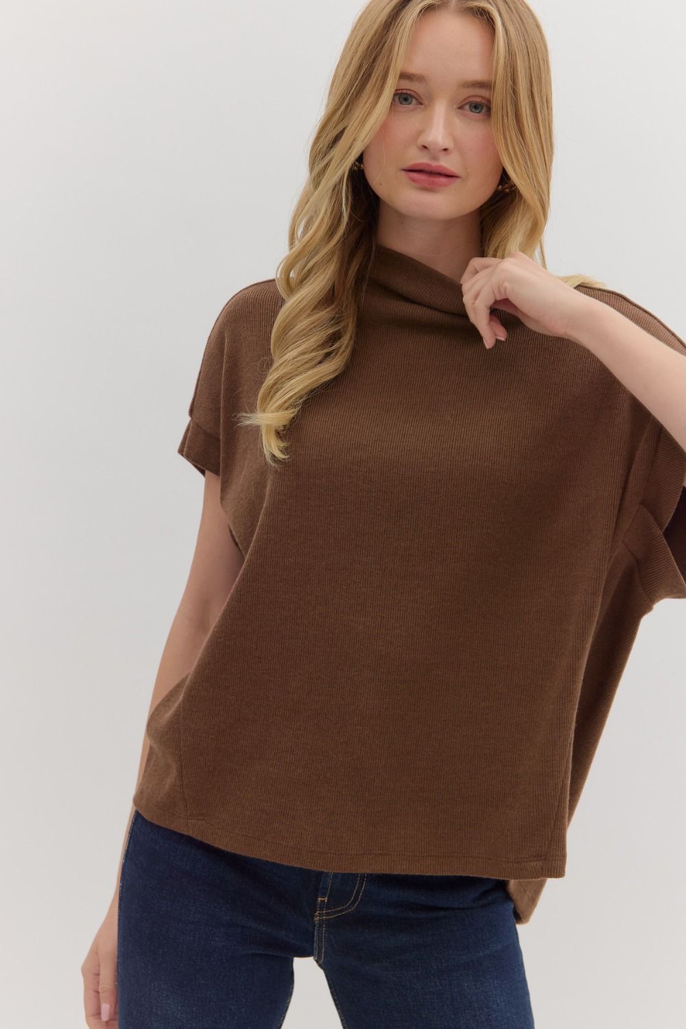 Solid Mock Neck Top with Rolled Cuffs