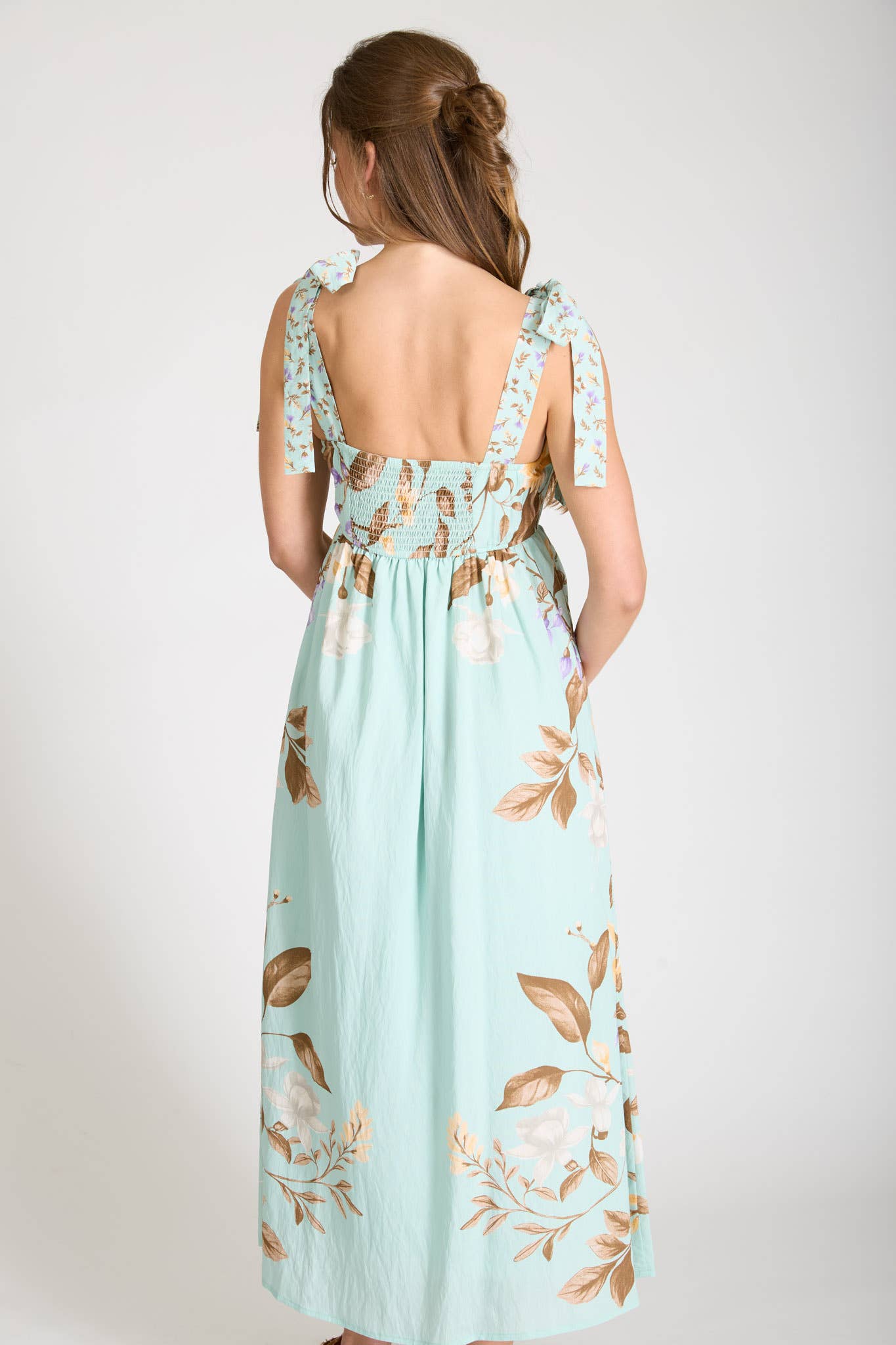 FLORAL TIE STRAP DETAIL EMPIRE WAIST MIDI DRESS