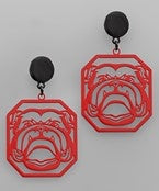 Metal red bulldog with border earrings with black stud.