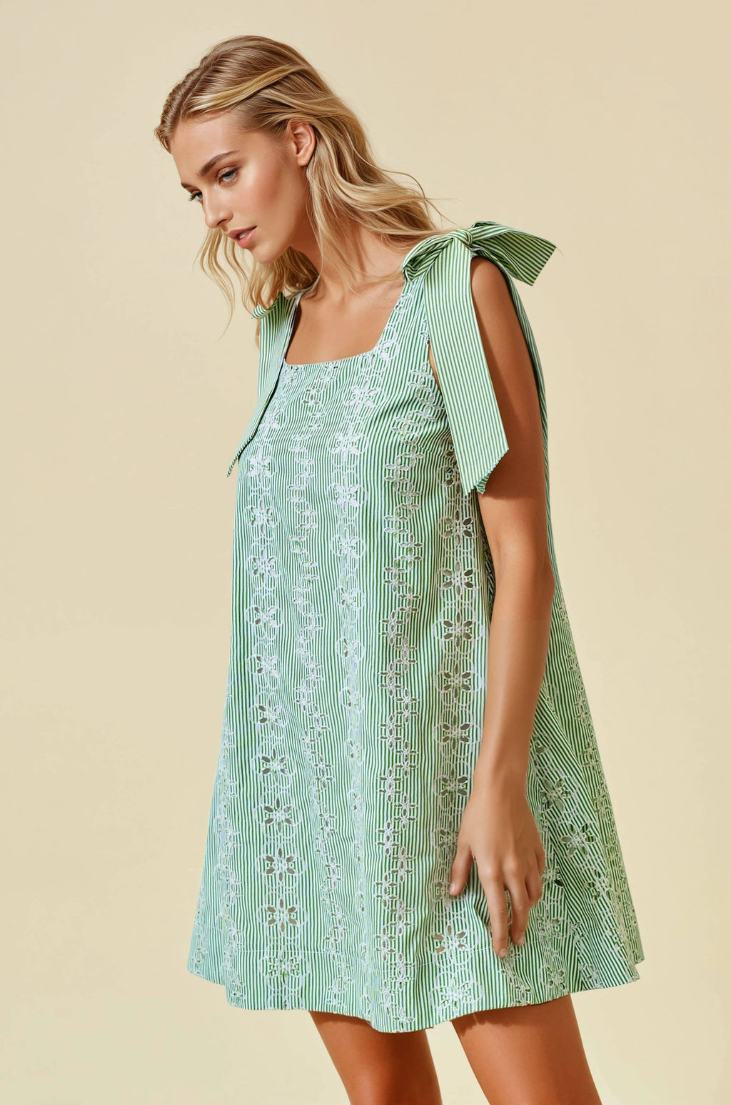 Doe and Rae - STRIPED EYELET TIE SHOULDER MINI DRESS - 28285D
