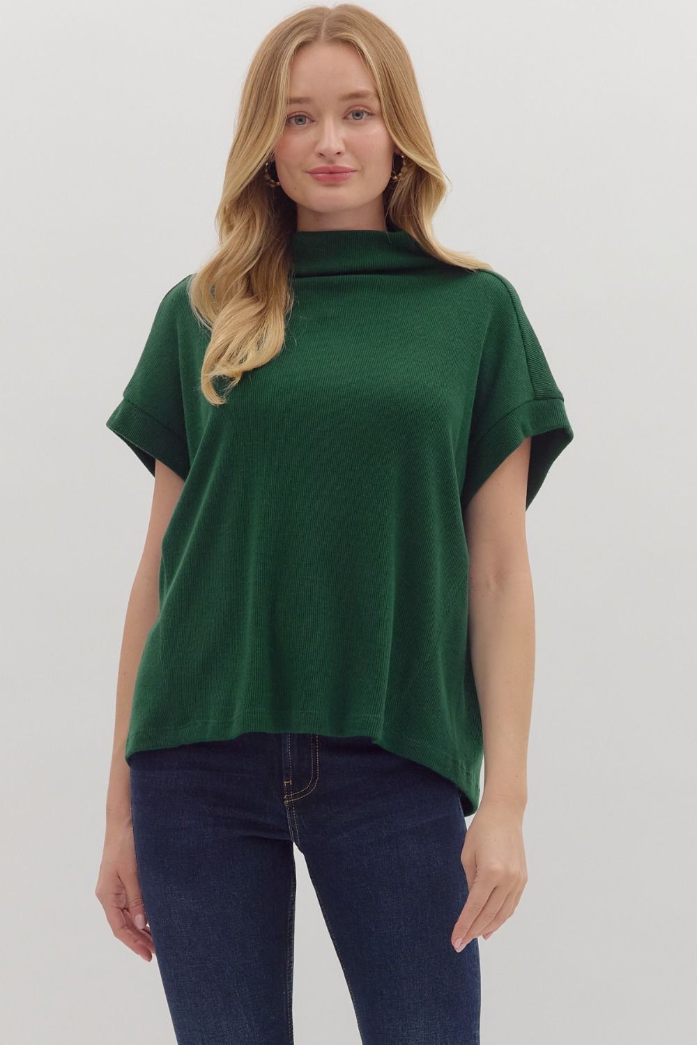 Solid Mock Neck Top with Rolled Cuffs