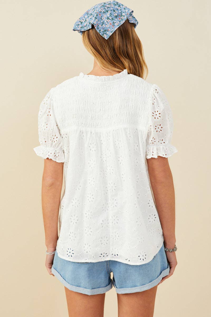 Hayden LA - Womens Floral Eyelet Smocked Button Detail Top