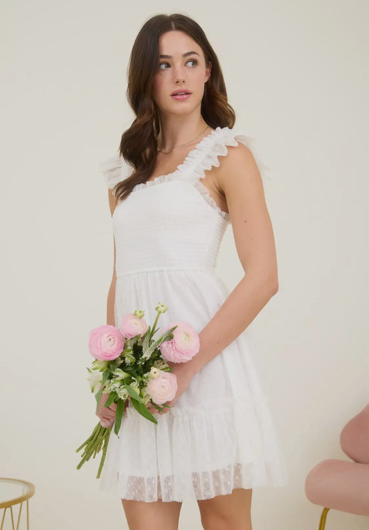 White Polka Dot Chiffon Smocked Ruffle
Detail Mini Dress