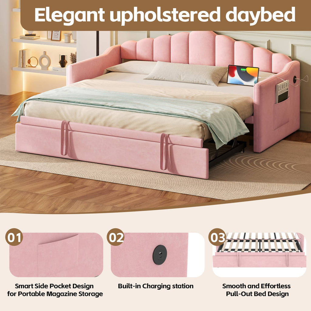 39F Inc. - Velvet Daybed with Pop Up Trundle USB Twin Beige/Pink