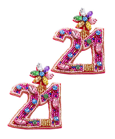Pink beaded and jeweled "21" birthday earrings.