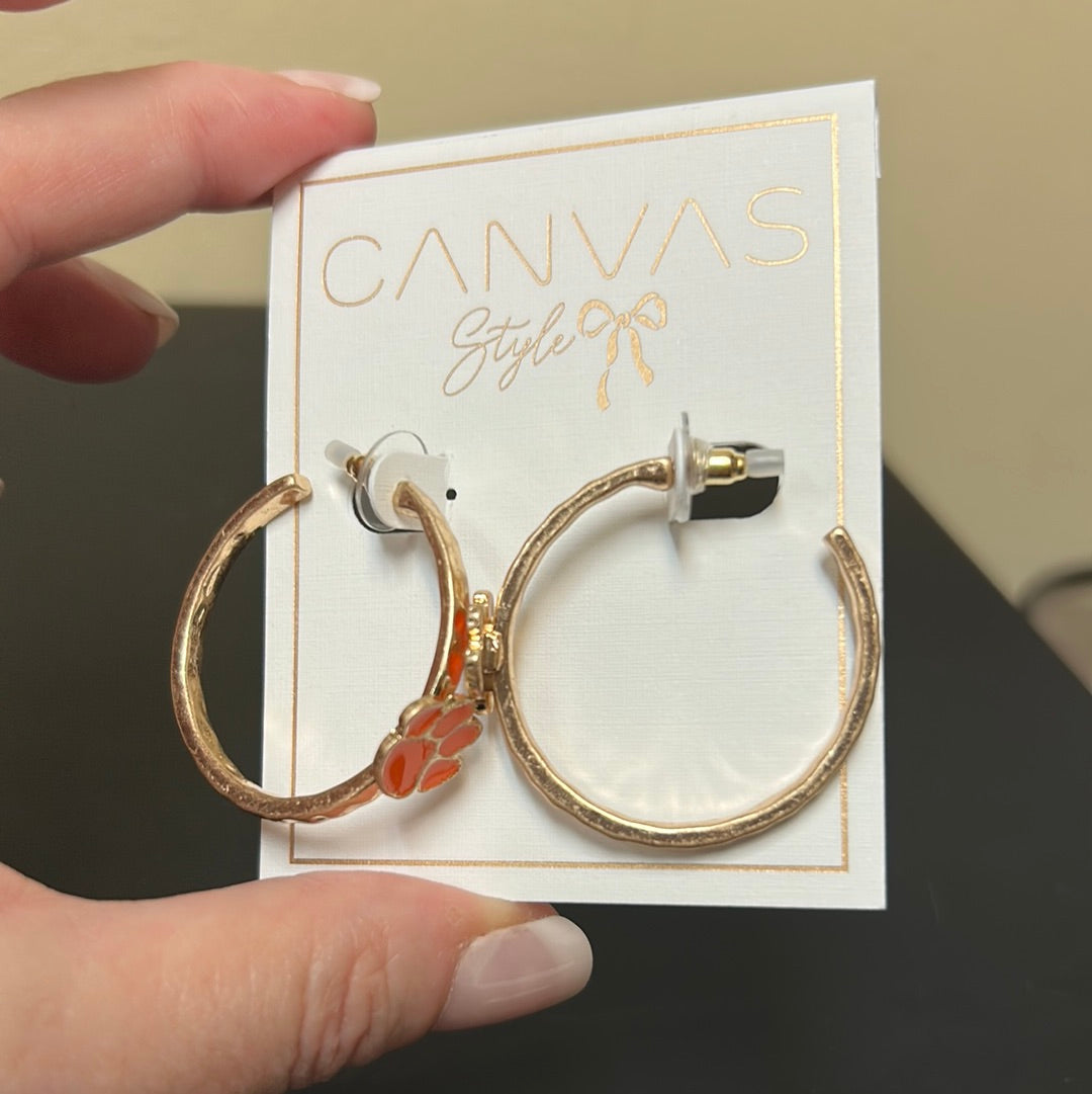 Gold College Enamel Hoop Earrings with Clemson University tiger paw logo.