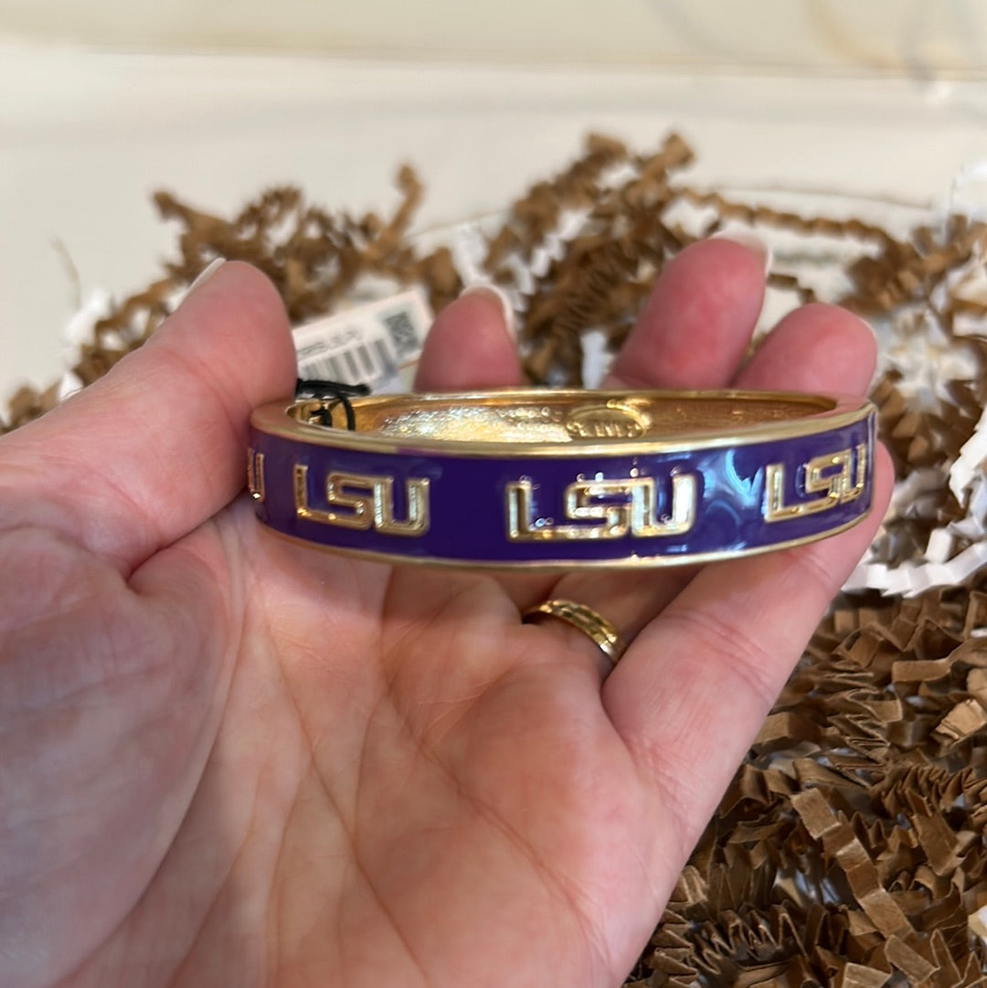 Gold and purple College Enamel Hinge Bangle with "LSU".