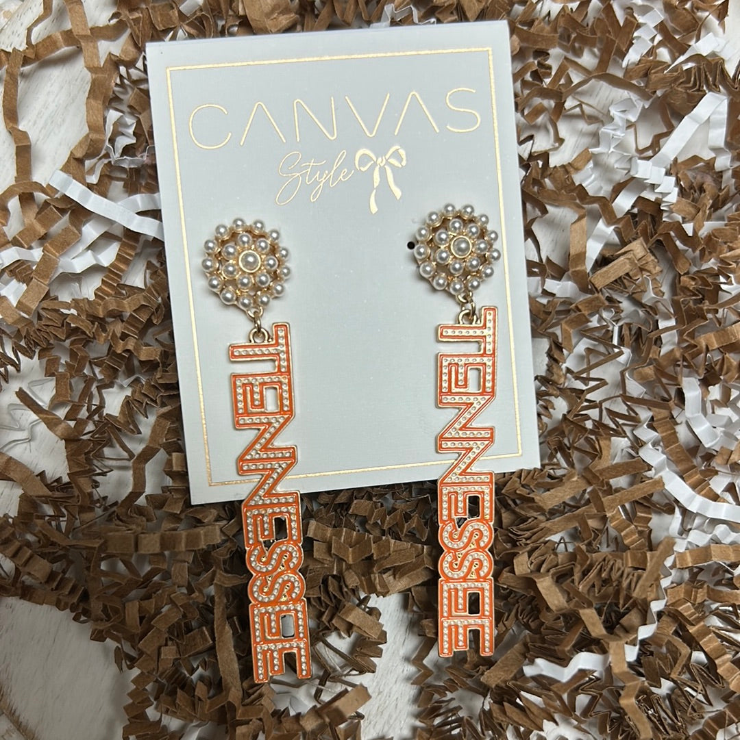 University of Tennessee college drop earrings with pearl cluster studs featuring "TENNESSEE" in orange.