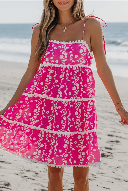 Floral Print Ric Rac Patched Sleeveless
Mini Dress