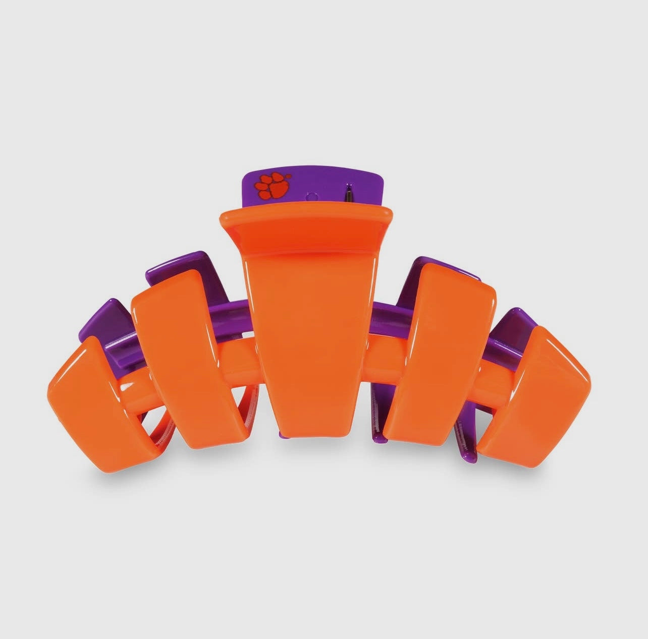 Clemson University Collegiate Teletie Claw Clip in orange and purple. Side view.
