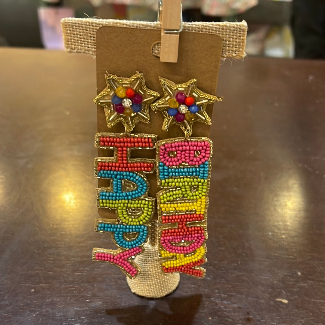 Rainbow colored dangling beaded earrings that feature "HAPPY" and "BIRTHDAY".