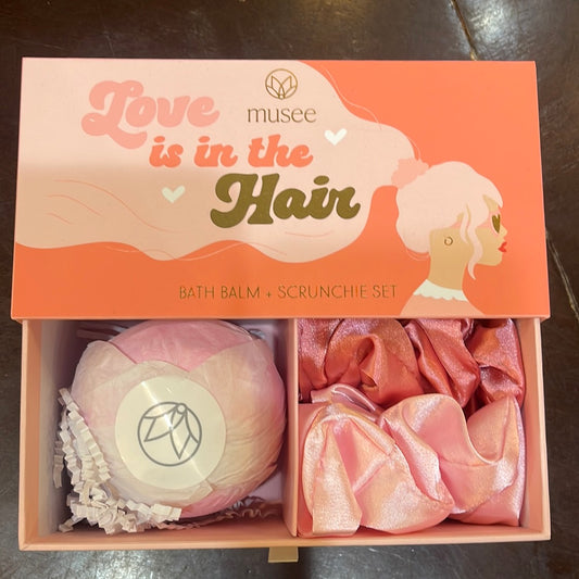 Musee "Love is in the hair" bath balm and scrunchie set.