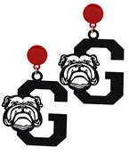 Metal black "G" with bulldog earrings with red stud.