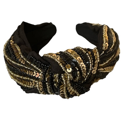 Black and gold sequin striped top knot headband.