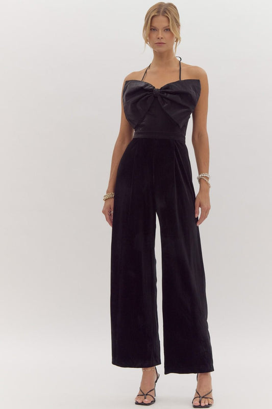 Velvet Jumpsuit W/ Oversized Bow