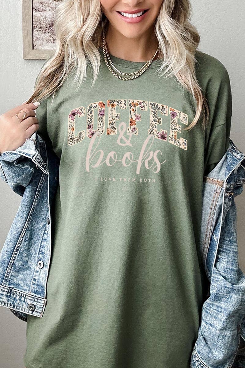 COLORBEAR - Coffee & Books Floral Graphic Heavy Cotton Tee