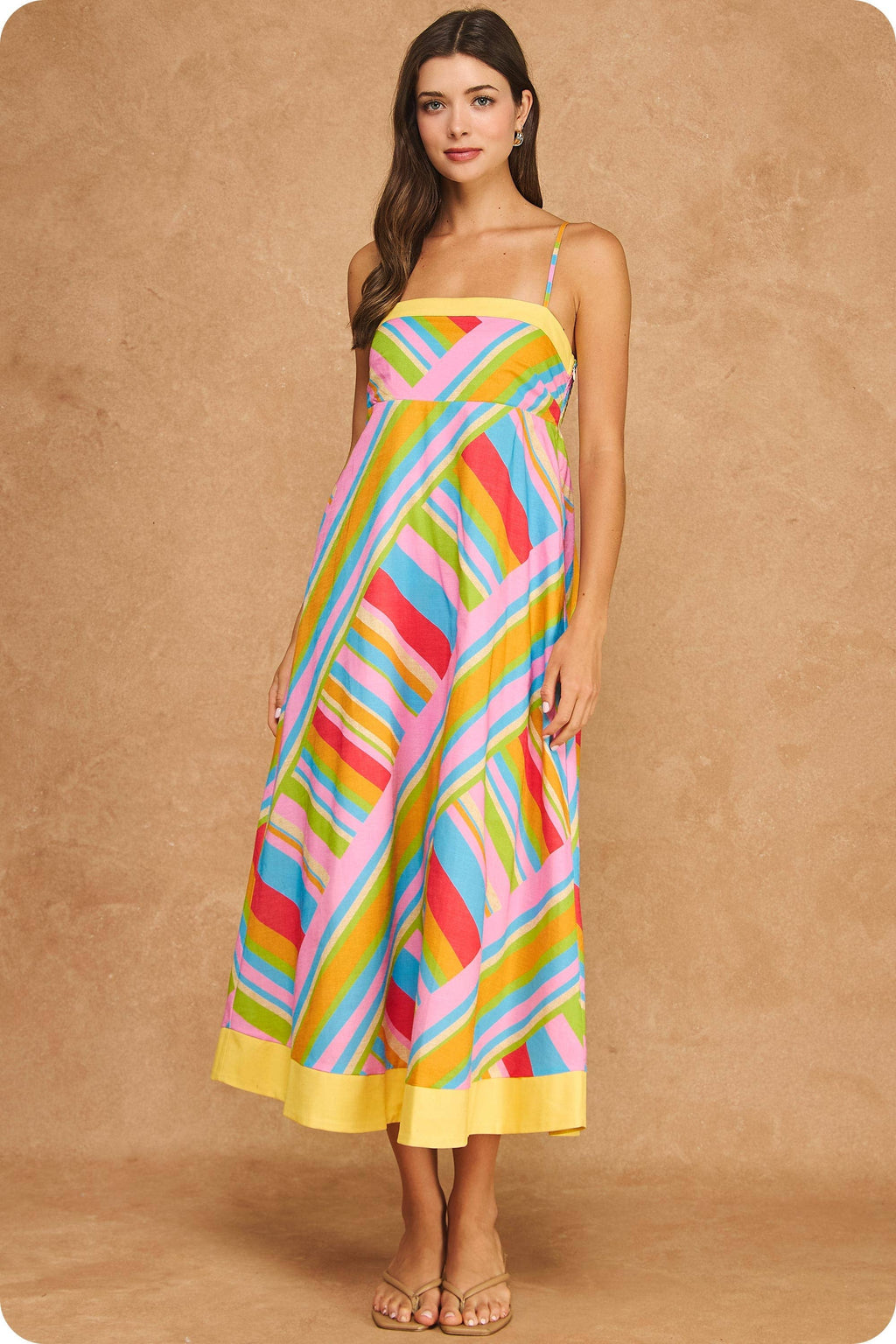 Strut & Bolt - Vibrant Geometric Stripe Contrast Midi Dress