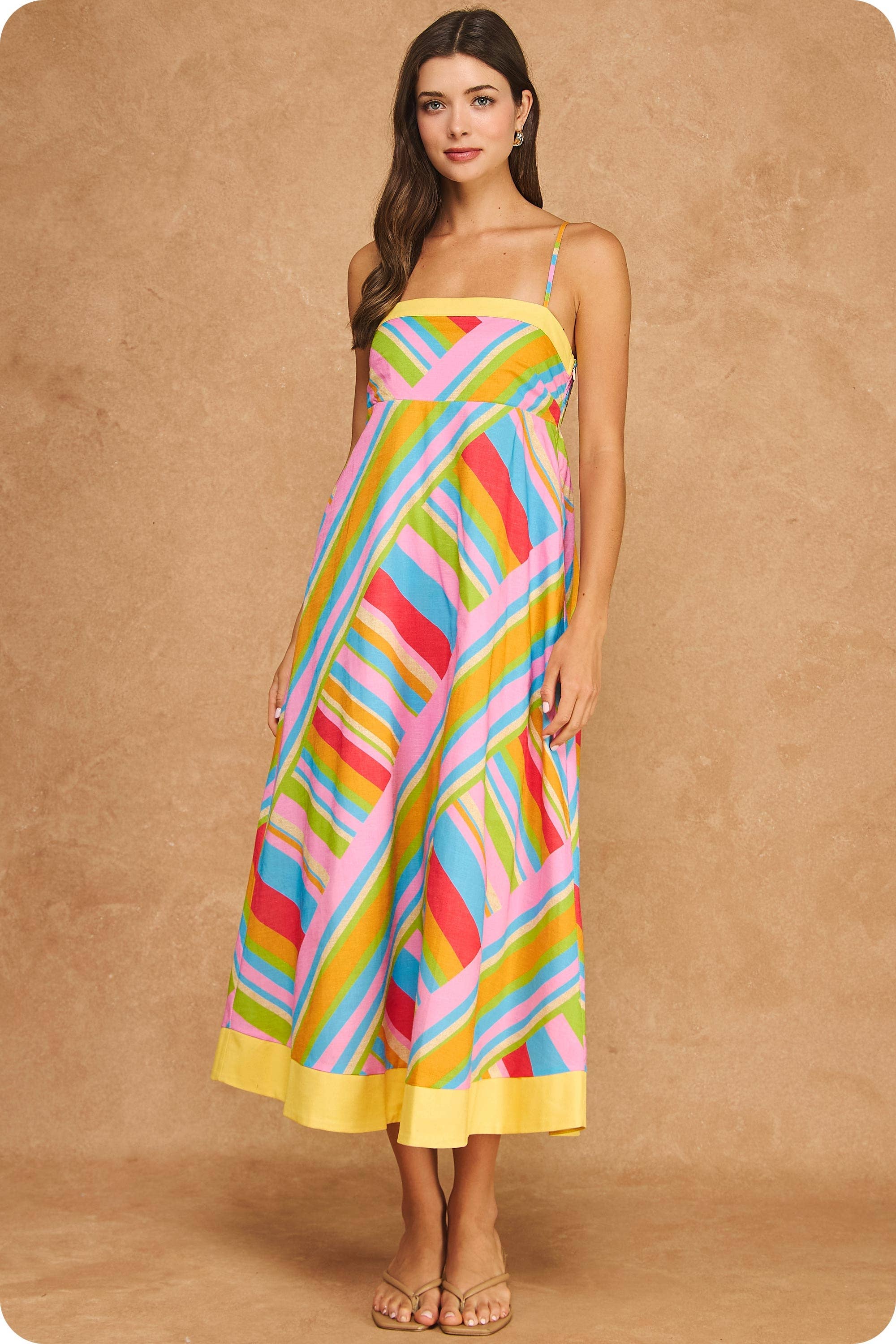 Strut & Bolt - Vibrant Geometric Stripe Contrast Midi Dress