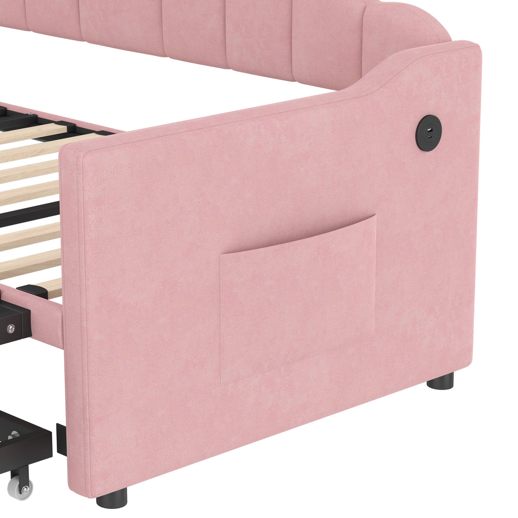 39F Inc. - Velvet Daybed with Pop Up Trundle USB Twin Beige/Pink