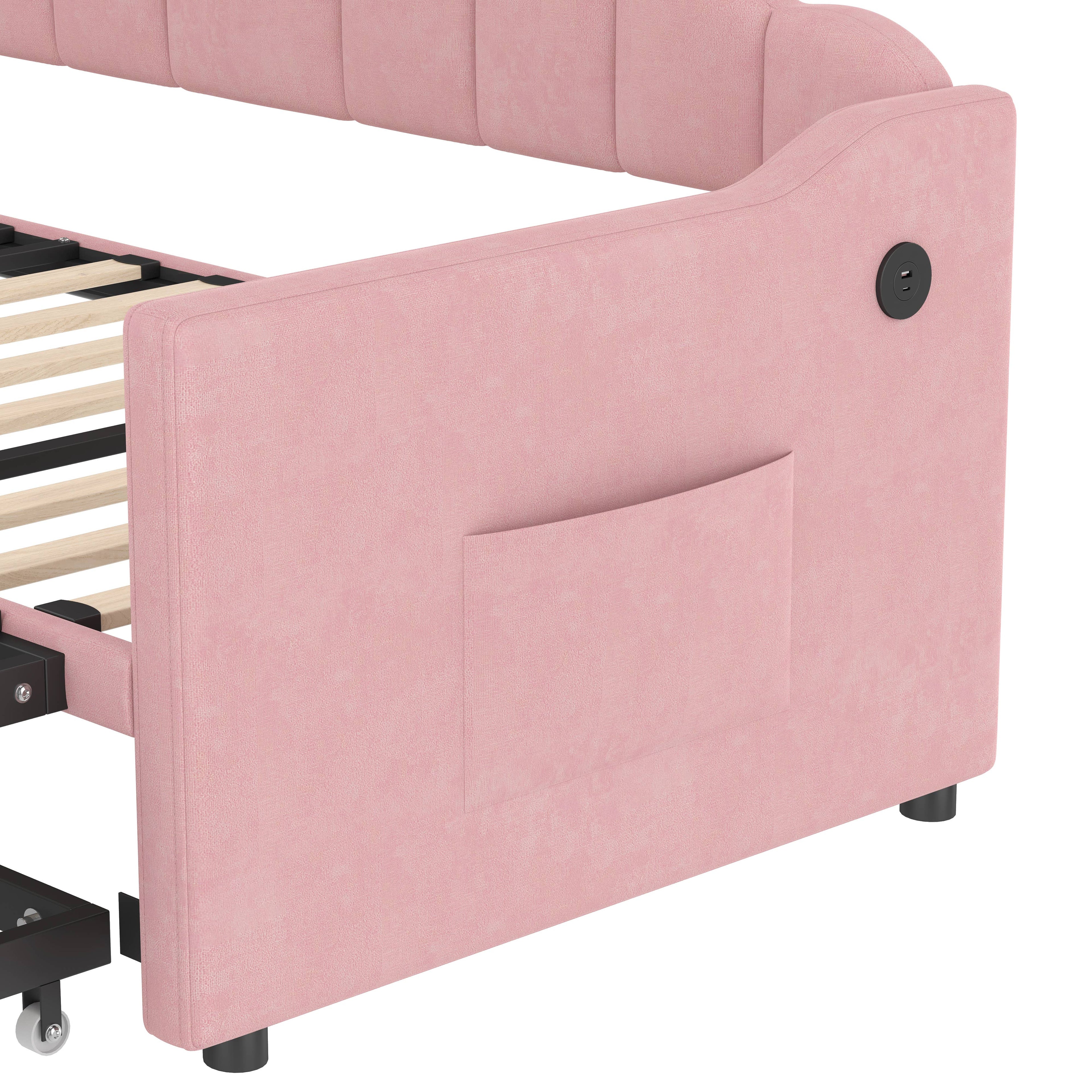 39F Inc. - Velvet Daybed with Pop Up Trundle USB Twin Beige/Pink