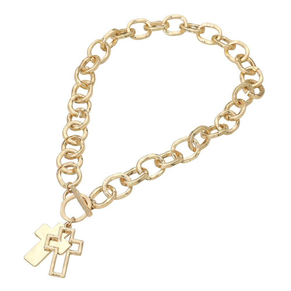 Hammered Layered Cross Pendant Chunky Chain Toggle Necklace