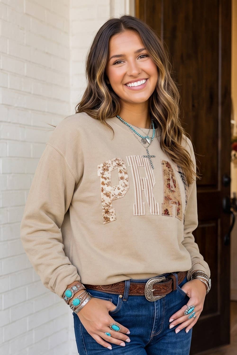 LA Society - LAS Western PRAY Plaid Letter Patchwork Sweatshirt (S-4X)