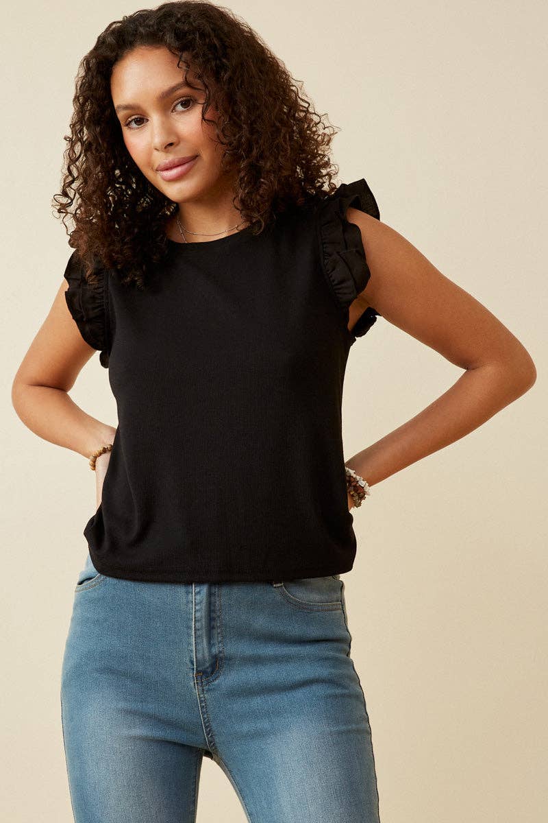 Womens Layered Ruffle Mix Media Ribbed Knit Tank