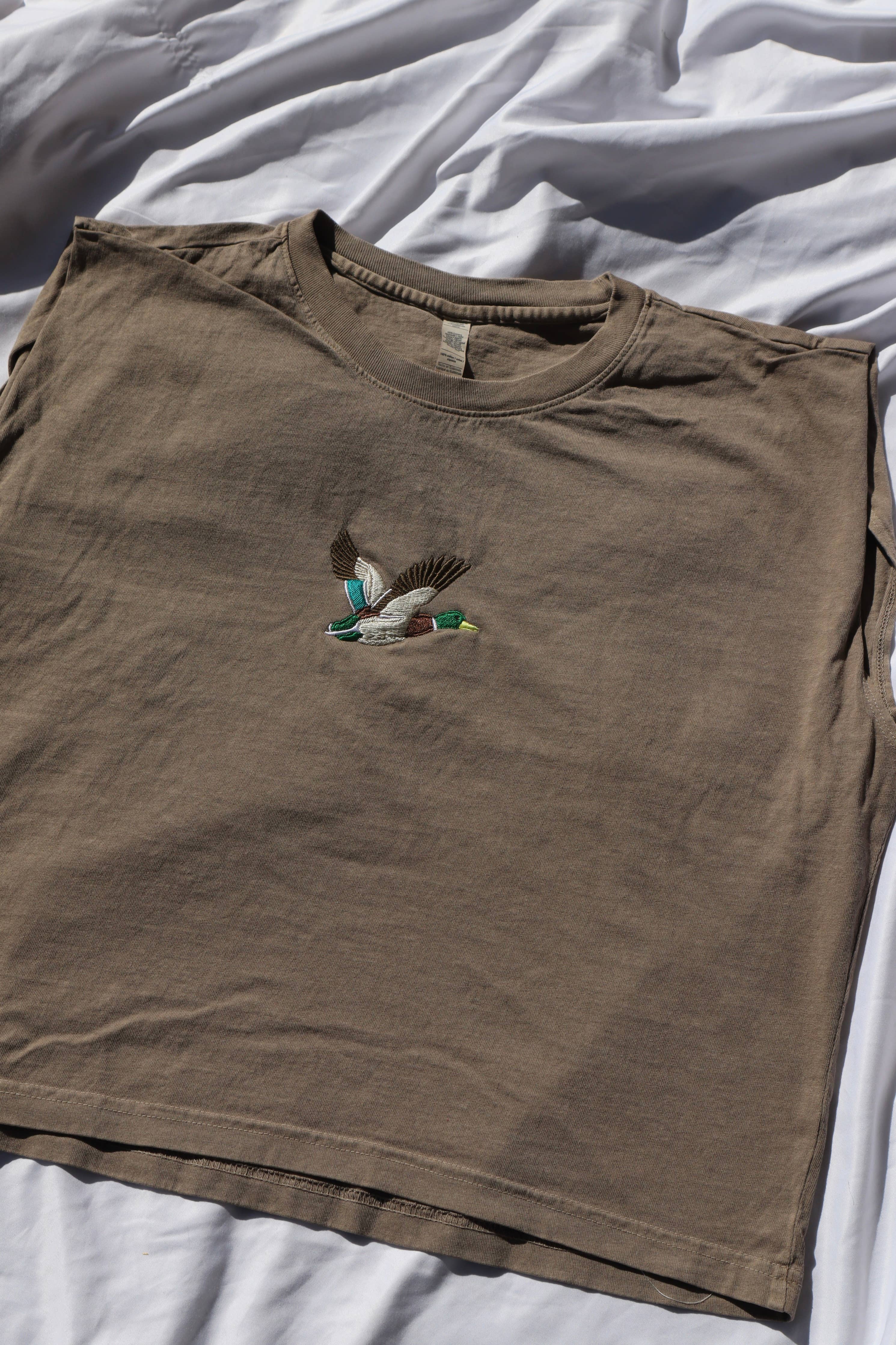 Embroidered Mallard Duck Cropped Muscle Tee