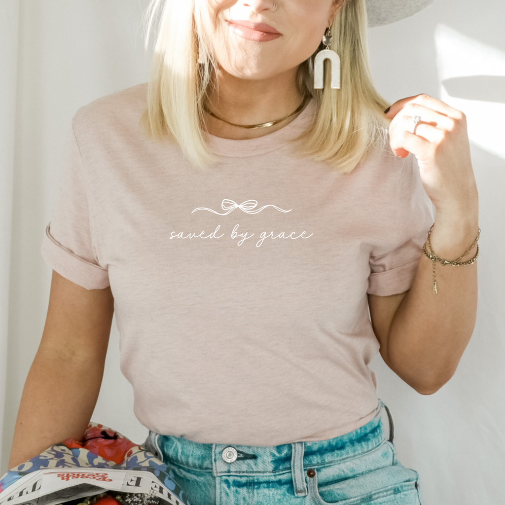 Faith & Life Christian Brands - Saved By Grace Easter Spring Women's Christian Bow T-Shirt