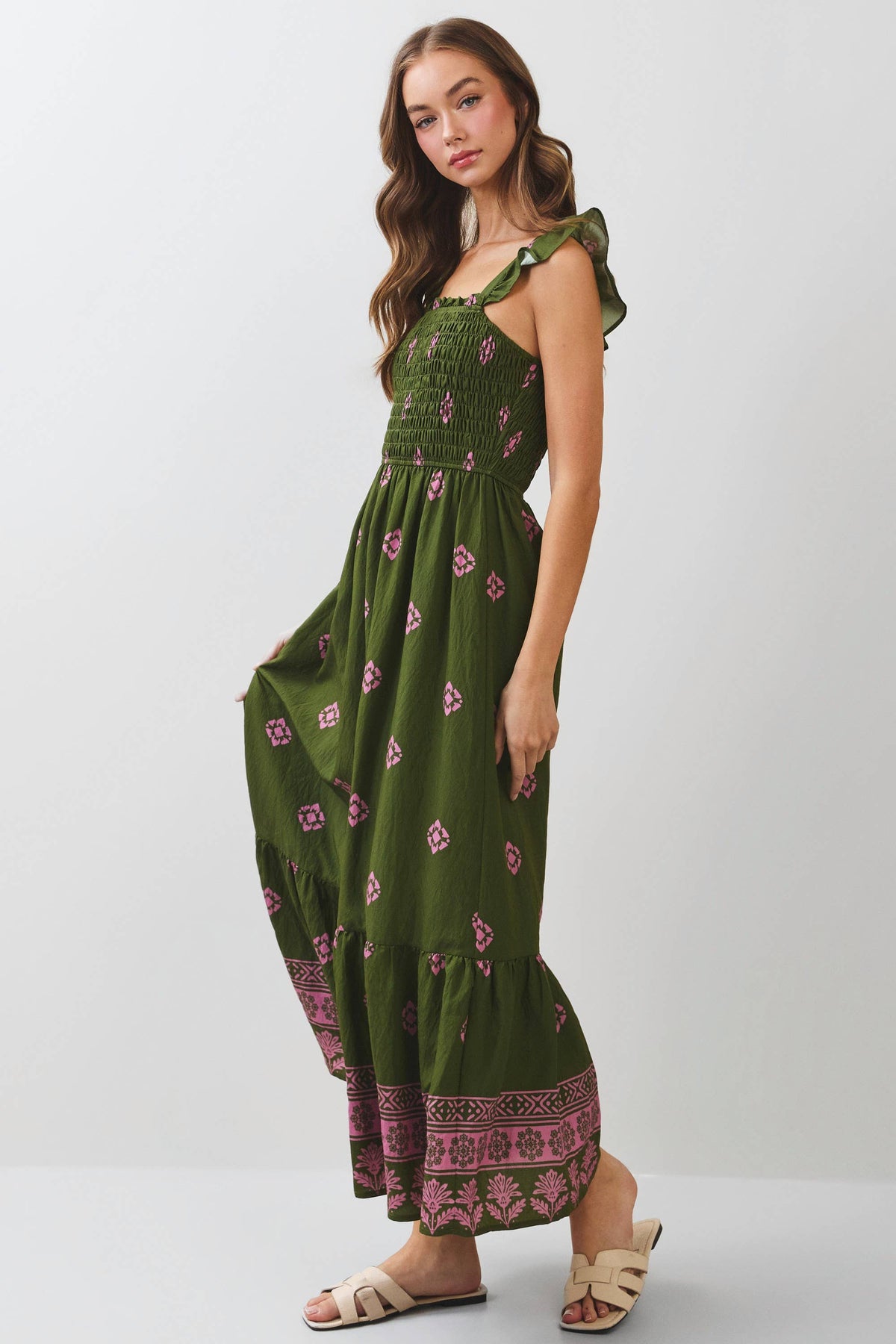 TCEC - CD07351-Smocked Border Print Maxi Dress