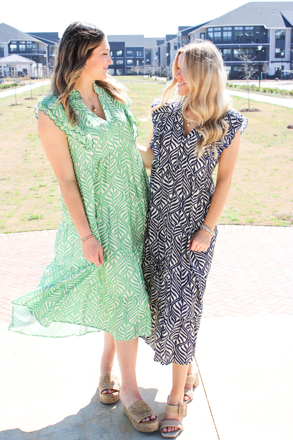 Leaf Print Tiered Midi Dress