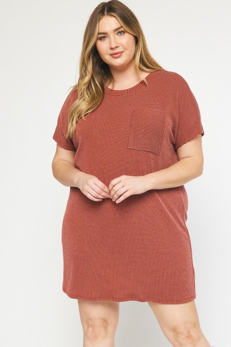 Model featuring rust ribbed t-shirt dress.