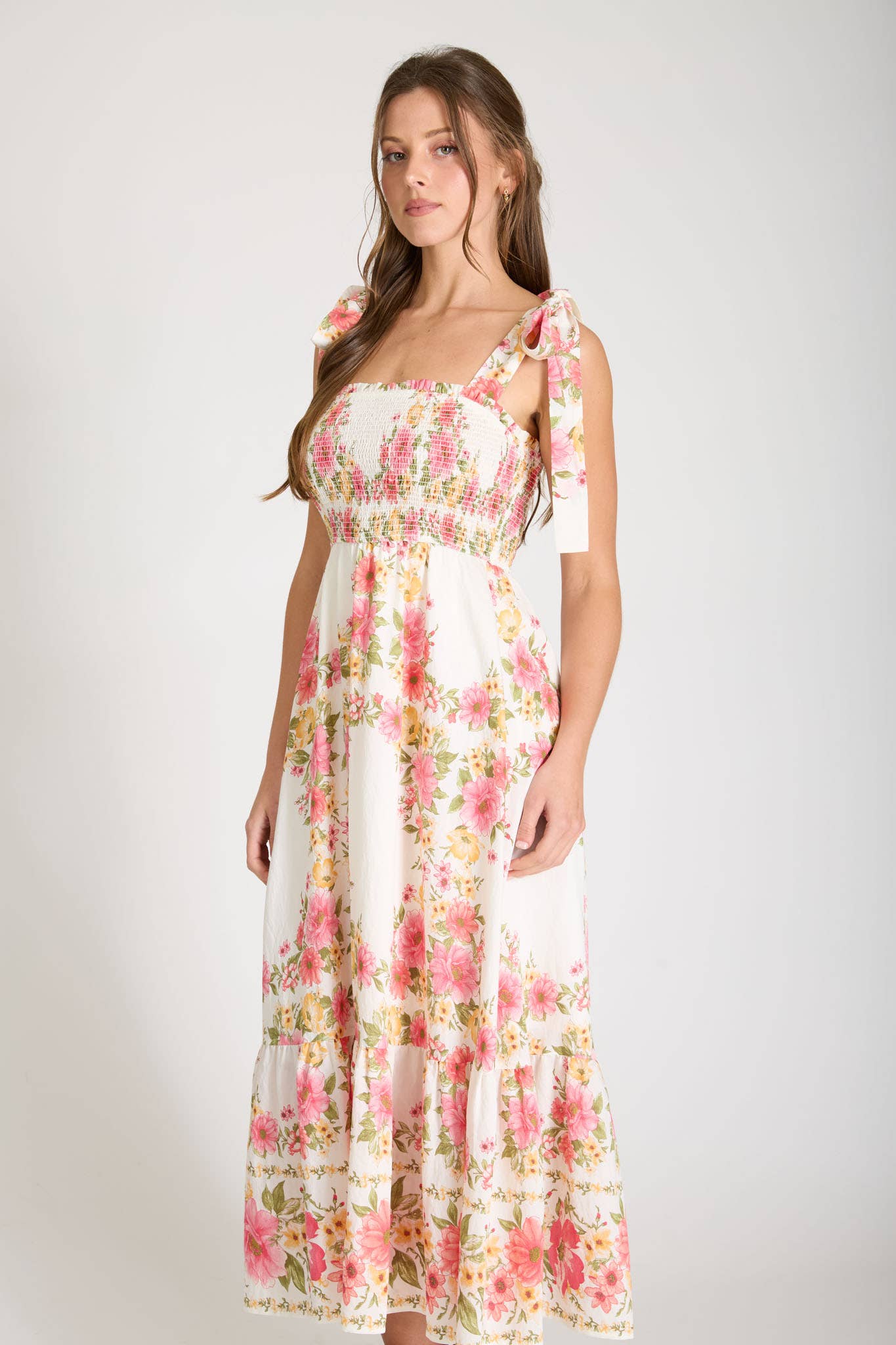 FLORAL TIE STRAP SMOCKED BORDER PRINT MIDI DRESS