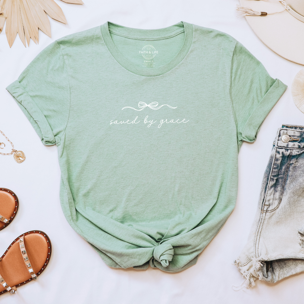Faith & Life Christian Brands - Saved By Grace Easter Spring Women's Christian Bow T-Shirt