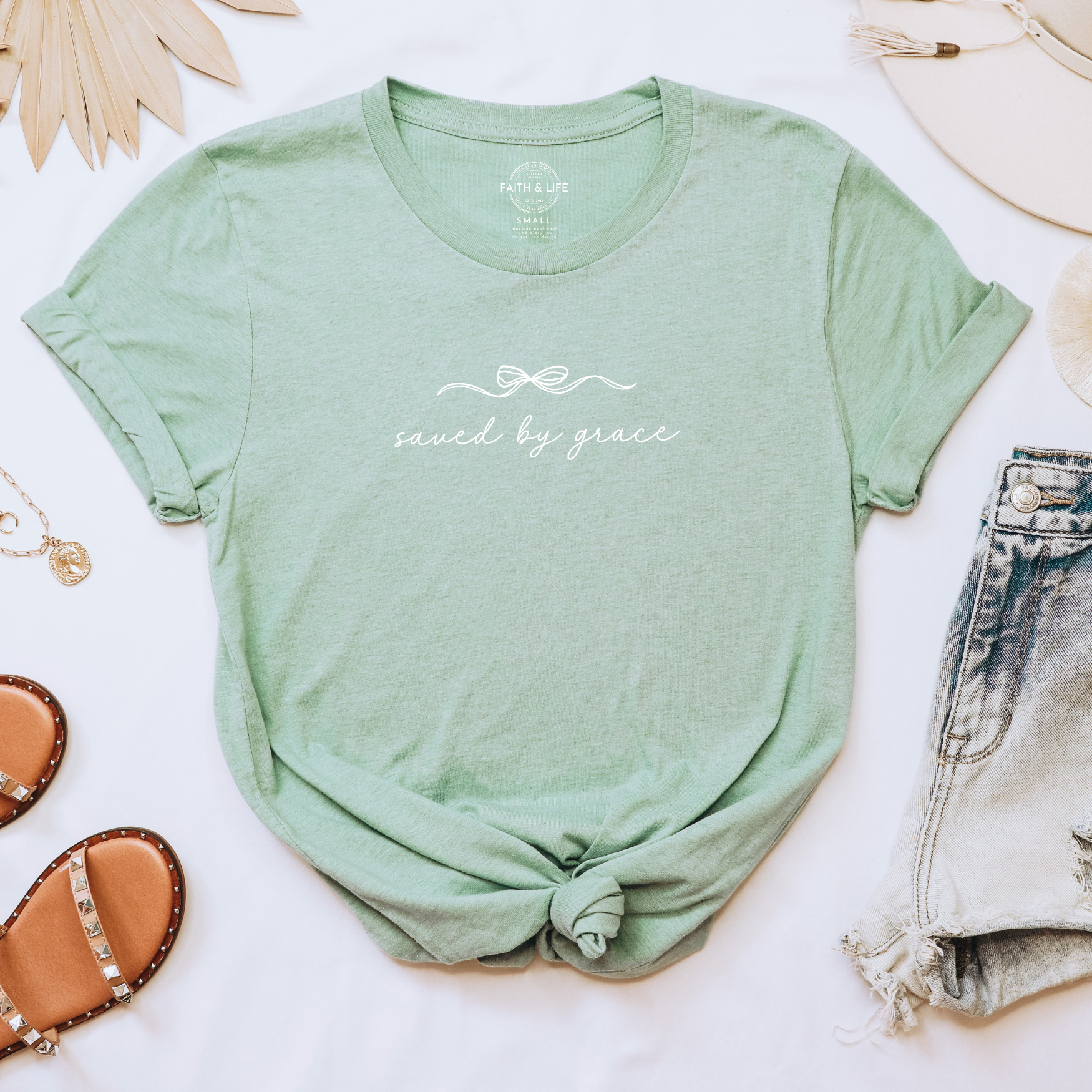 Faith & Life Christian Brands - Saved By Grace Easter Spring Women's Christian Bow T-Shirt
