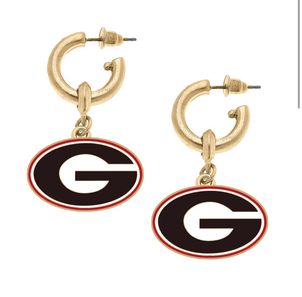University of Georgia College Enamel Drop Hoop with Georgia "G" logo.