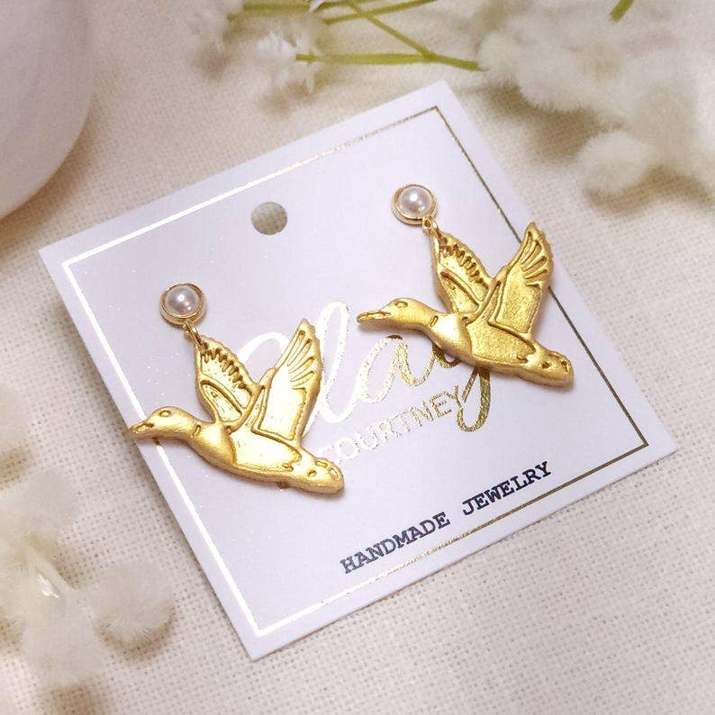Clay by Courtney - Gold Flying Duck Polymer Clay Earrings, Pearl Studs
