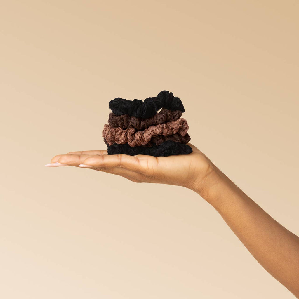 KITSCH - Ruched Lace Scrunchies 5pc Set - Black, Chocolate & Mocha