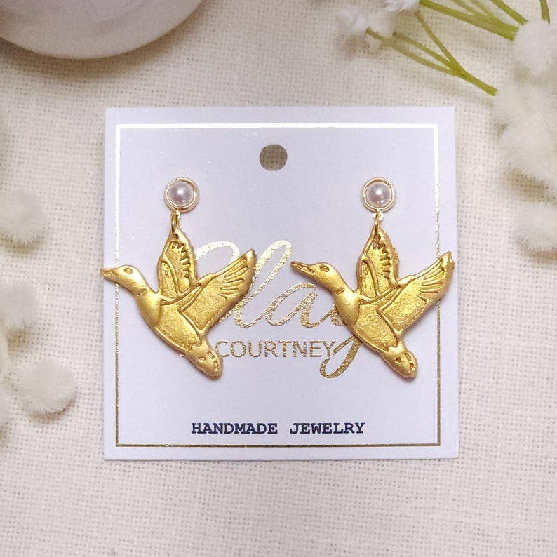 Clay by Courtney - Gold Flying Duck Polymer Clay Earrings, Pearl Studs