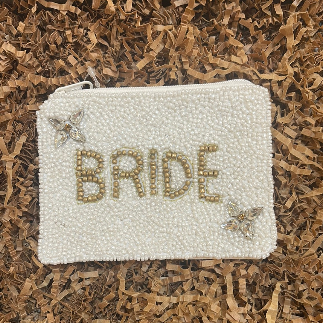 Hand sewn white beaded coin purse featuring "Bride" with bejeweled flowers.