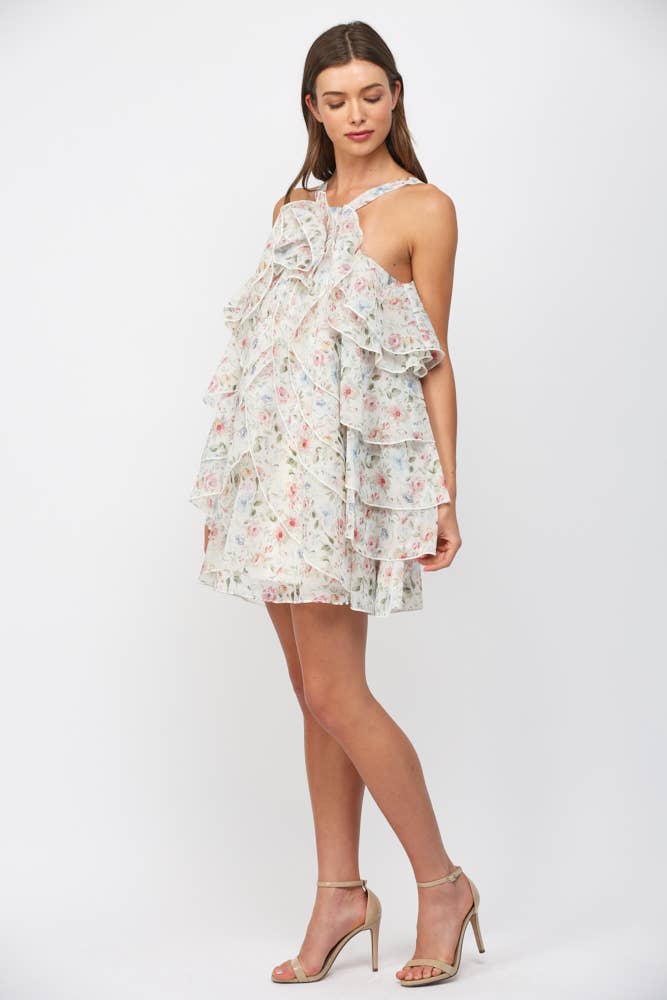 FATE - PETAL SHAPED CASCADING RUFFLE DETAIL FLORAL DRESS FD35811