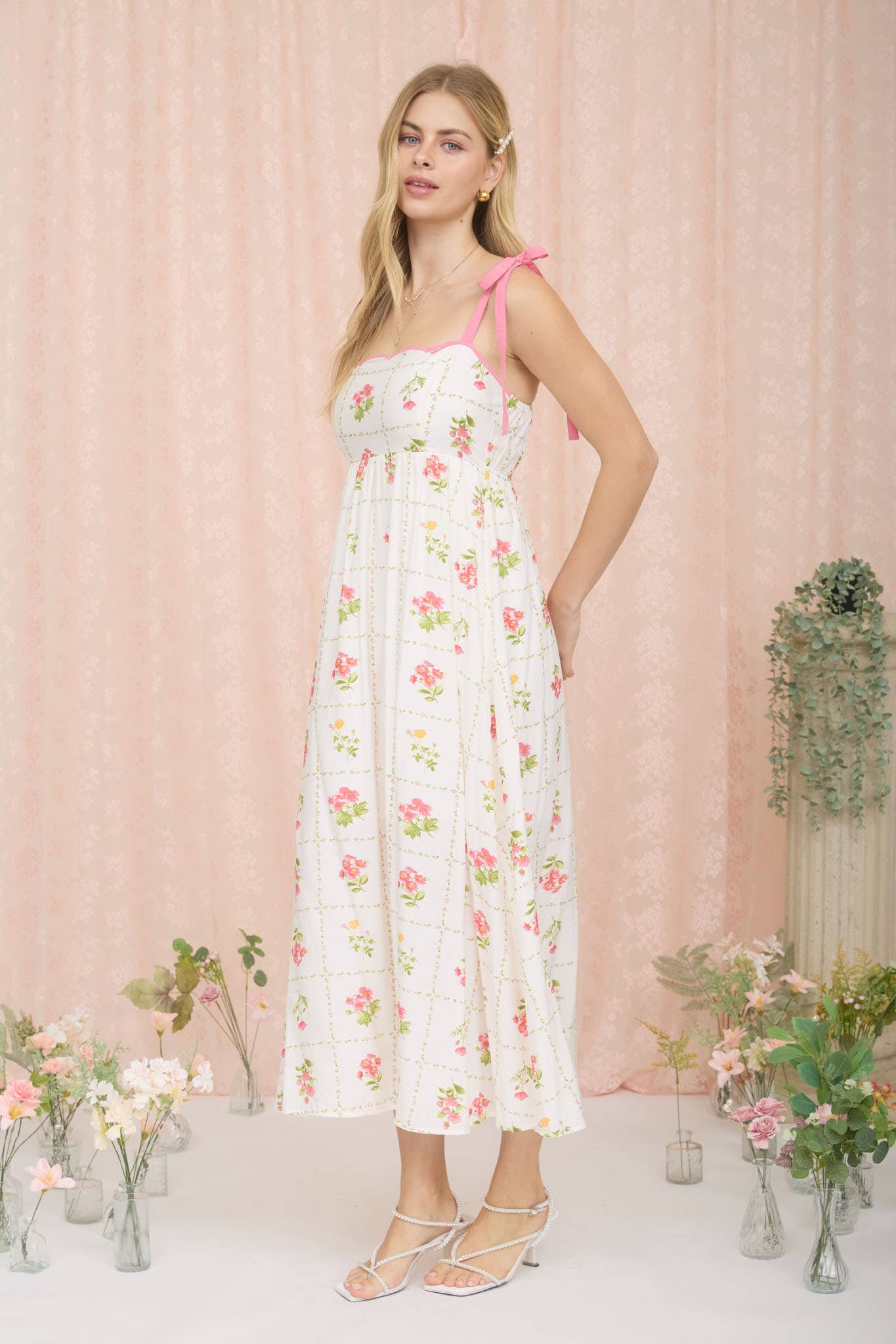 PLUS FLORAL TILE PATTERN TIE STRAP MIDI DRESS