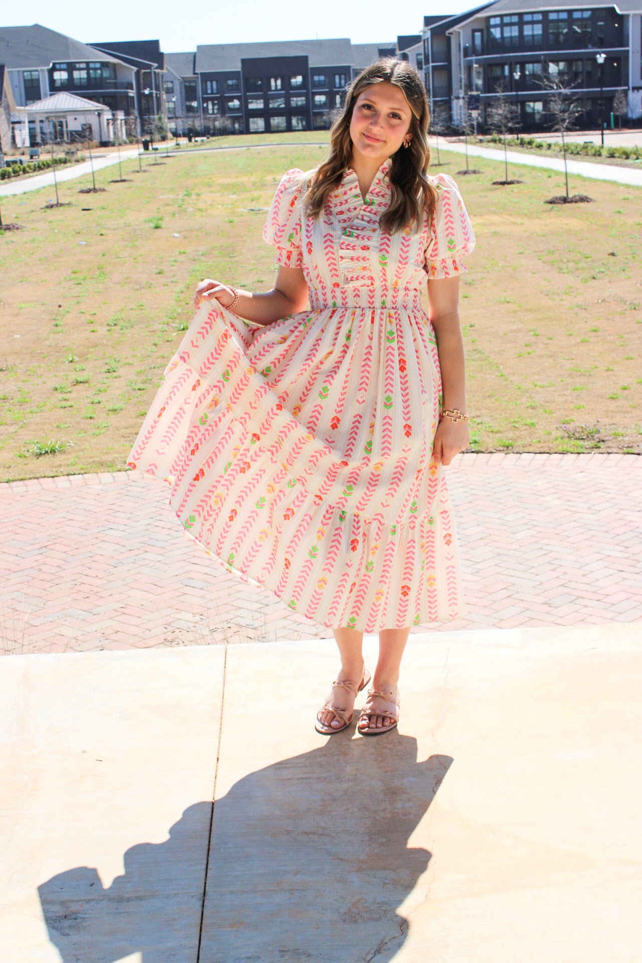 Vibrant Ruffle Smocked Midi Dress